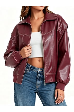 Womens Oversized Leather Bomber Jackets Cap Sleeve Zip Up Motorcycle Coats with Pockets