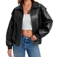 thumbnail image 1 of Womens Oversized Leather Bomber Jackets Cap Sleeve Zip Up Motorcycle Coats with Pockets, 1 of 6