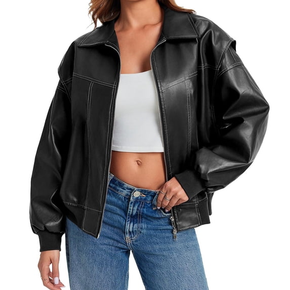 Womens Oversized Leather Bomber Jackets Cap Sleeve Zip Up Motorcycle Coats with Pockets