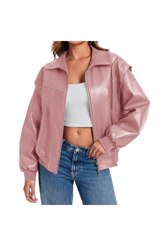 Womens Oversized Leather Bomber Jackets Cap Sleeve Zip Up Motorcycle Coats with Pockets