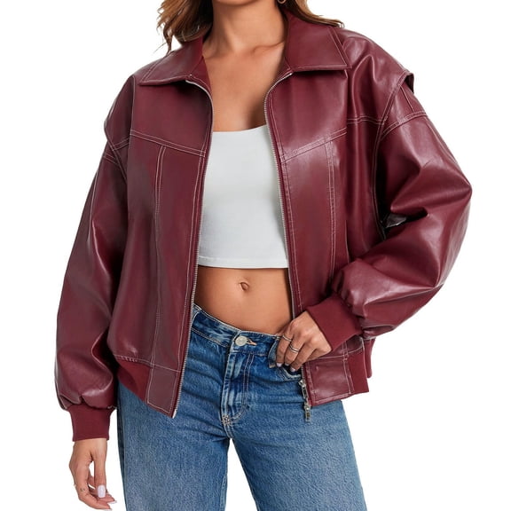 Womens Oversized Leather Bomber Jackets Cap Sleeve Zip Up Motorcycle Coats with Pockets