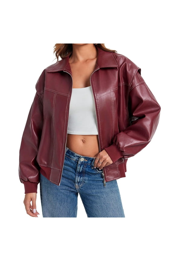 Womens Oversized Leather Bomber Jackets Cap Sleeve Zip Up Motorcycle Coats with Pockets