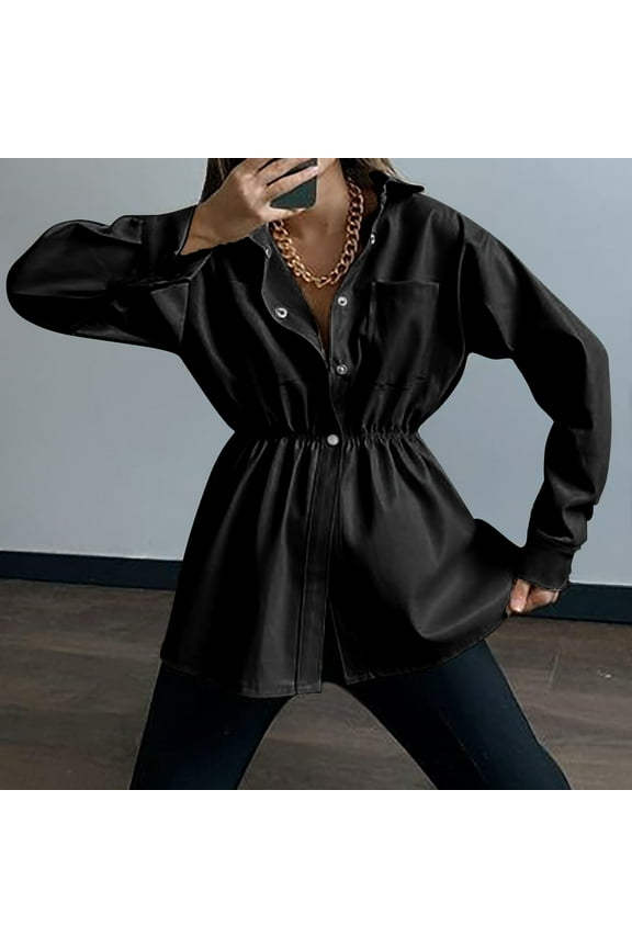 Womens Oversized Leather Jacket Long Sleeve Faux Leather Blazer Lapel Button Down Leather Shacket Coat With Pockets Black M TP224