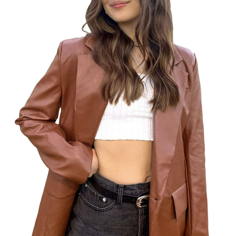 Womens Oversized Leather Jacket Long Sleeve Faux Leather Blazer Lapel  Button Down Leather Shacket Coat with Pockets