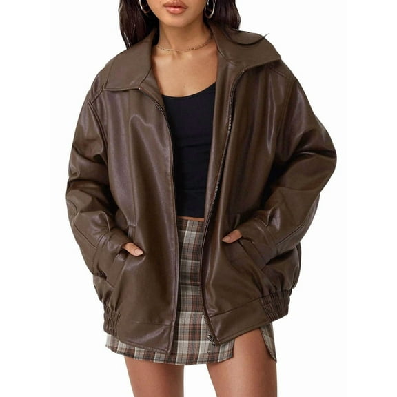 Womens Oversized Leather Jackets Faux Suede Fall Fashion Coats Winter Outfits Clothes Y2k Tops Dark Brown L