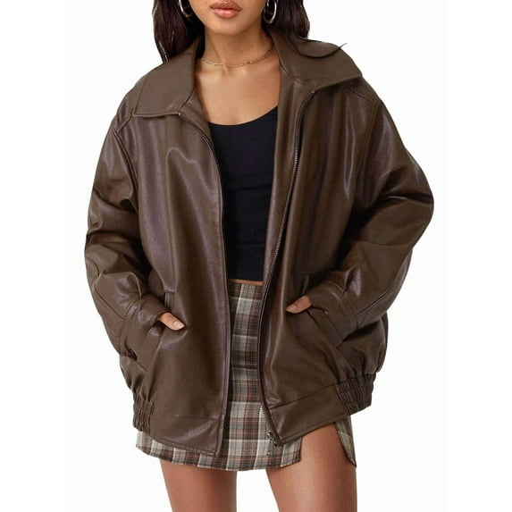Womens Oversized Leather Jackets Faux Suede Fall Fashion Coats Winter Outfits Clothes Y2k Tops Dark Brown M