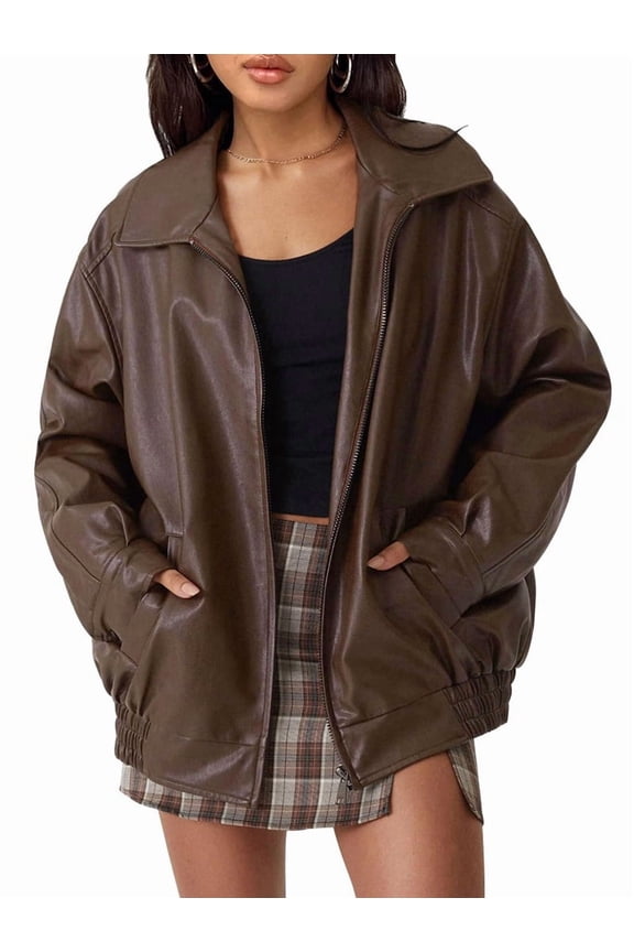 Womens Oversized Leather Jackets Faux Suede Fall Fashion Coats Winter Outfits Clothes Y2k Tops Dark Brown XL
