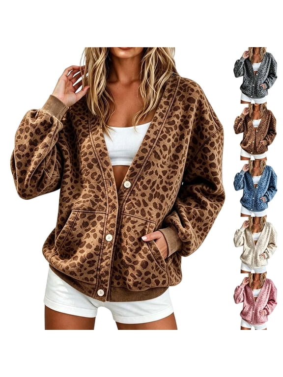 Womens Oversized Leopard Cardigan Long Sleeve V Neck Button Down Casual Sweater Top Front Pockets Ribbed Cuffs and Hem