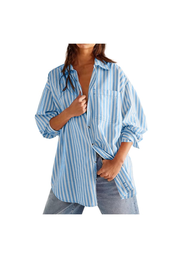 Womens Oversized Long Sleeve Button Down Blouses Striped V Neck Collared Shirts Casual Drop Shoulder Vacation Tops