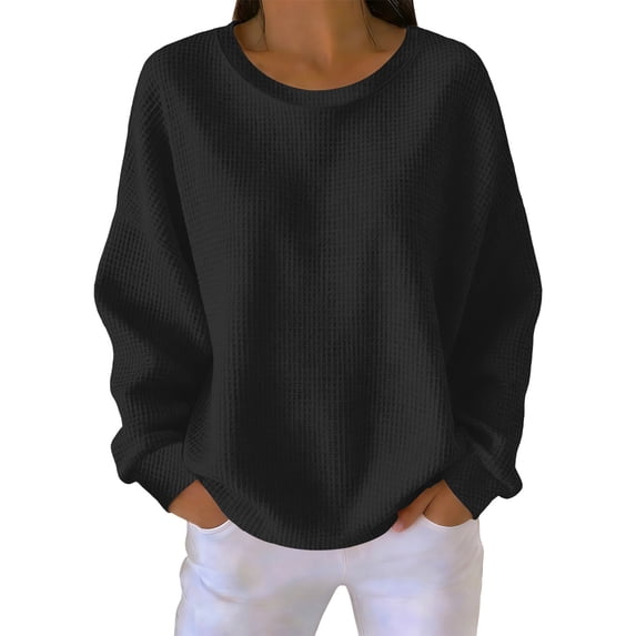 Womens Oversized Long Sleeve Pullovers Solid Color Crewneck Long Sleeve Casual Tops Waffle T-shirt
