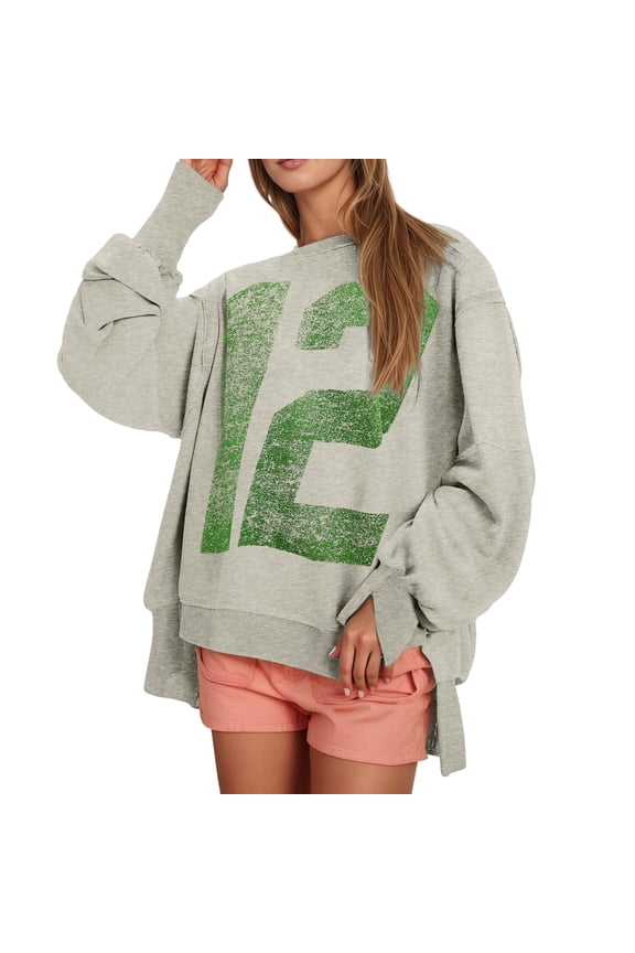 Womens Oversized Long Sleeve Sweatshirt Crew Neck Cute Pullover Relaxed Fit Tops Irregular Slit Hem Baggy Pullover 2025 2026 Fall Pullover Sweaters Trendy Outfits (F-Grey, L)