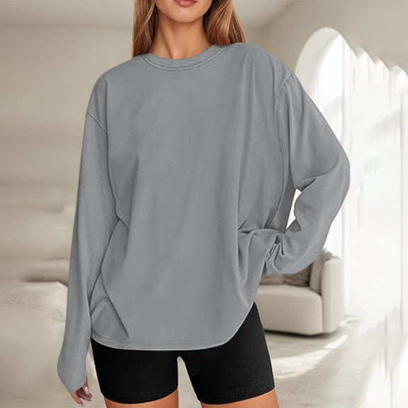 Womens Oversized Long Sleeve T Shirts Fall Basic Crewneck Tee Tops (Grey M)