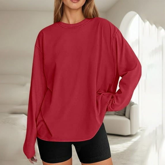 Womens Oversized Long Sleeve T Shirts Fall Basic Crewneck Tee Tops (Red XL)