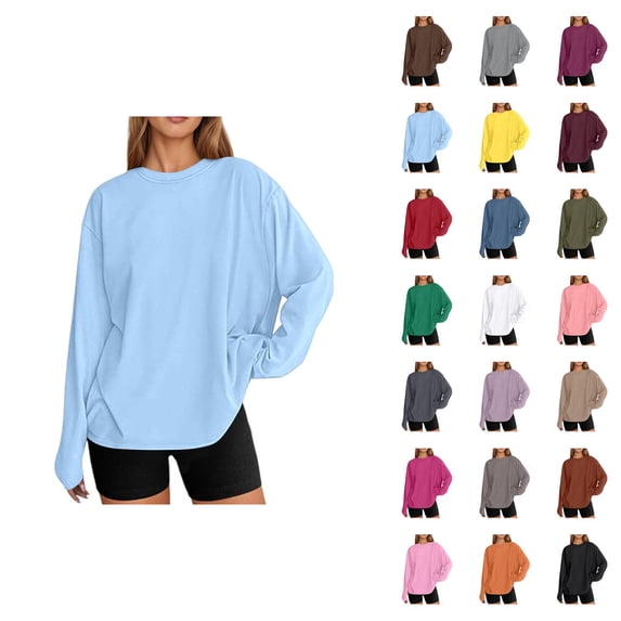 Womens Oversized Long Sleeve T-shirts Crew Neck Comfortable Shirts Fall Fashion Tops Casual Basic Layering Tee