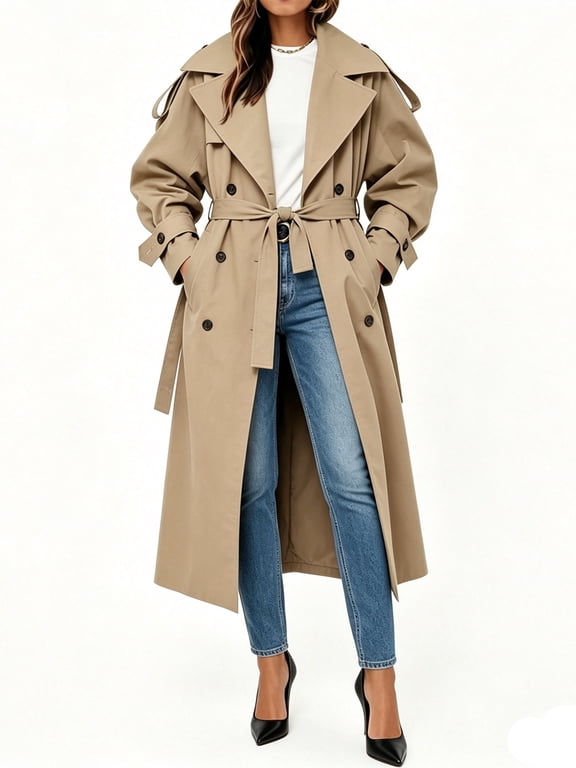 Womens Oversized Long Trench Coat Double Breasted Lapel Windproof Overcoat with Belt