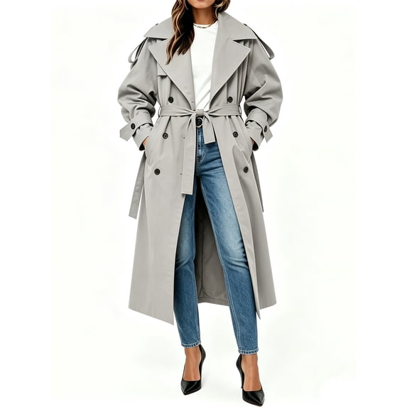 Womens Oversized Long Trench Coat Double Breasted Lapel Windproof Overcoat with Belt