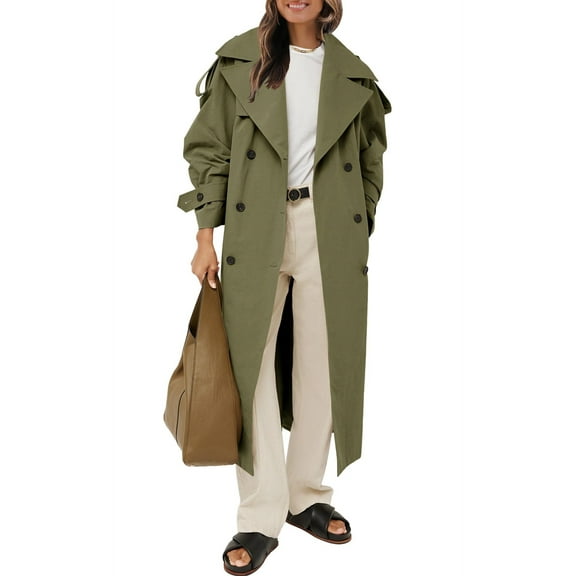 Womens Oversized Long Trench Coat Double Breasted Lapel Windproof Overcoat with Belt