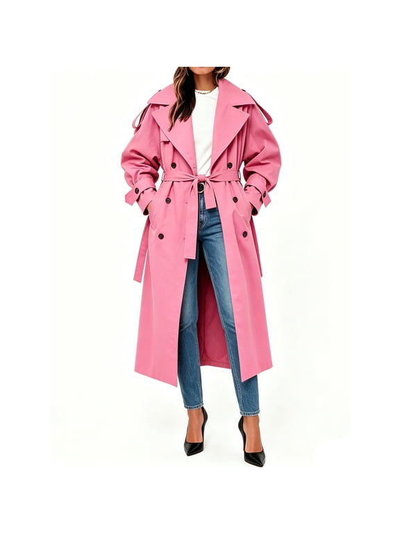 Womens Oversized Long Trench Coat Double Breasted Lapel Windproof Overcoat with Belt