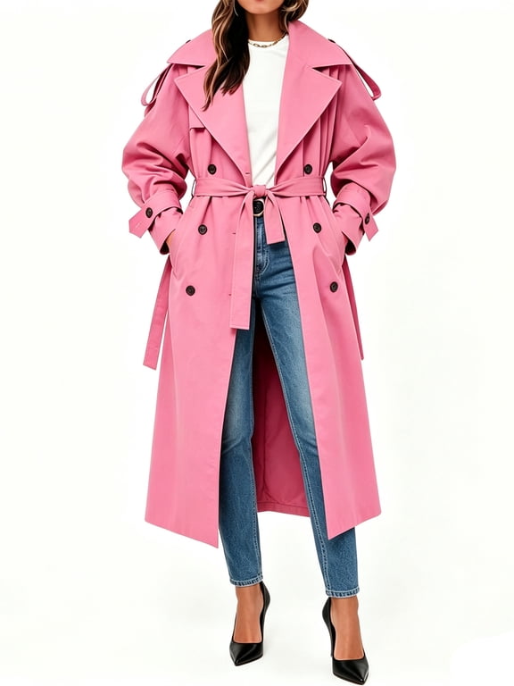 Womens Oversized Long Trench Coat Double Breasted Lapel Windproof Overcoat with Belt