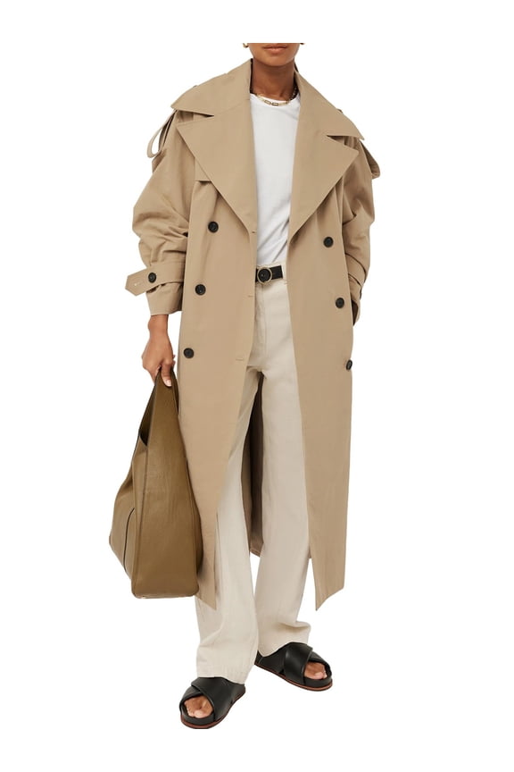 Womens Oversized Long Trench Coat Double Breasted Lapel Windproof Overcoat with Belt