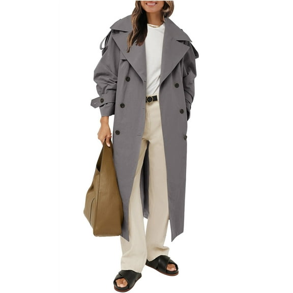 Womens Oversized Long Trench Coat Double Breasted Lapel Windproof Overcoat with Belt