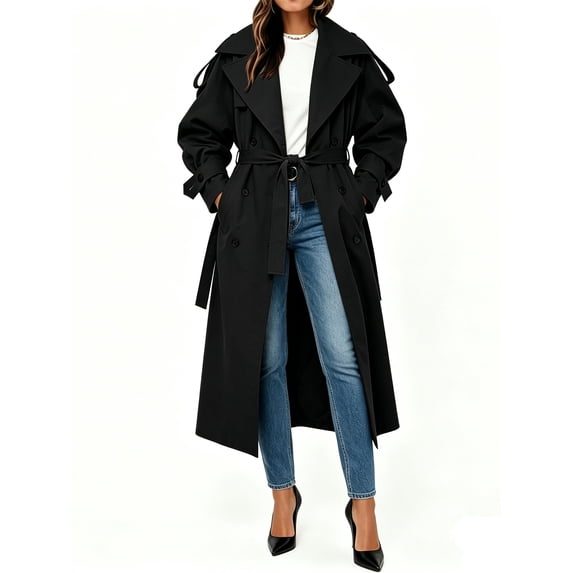 Womens Oversized Long Trench Coat Double Breasted Lapel Windproof Overcoat with Belt