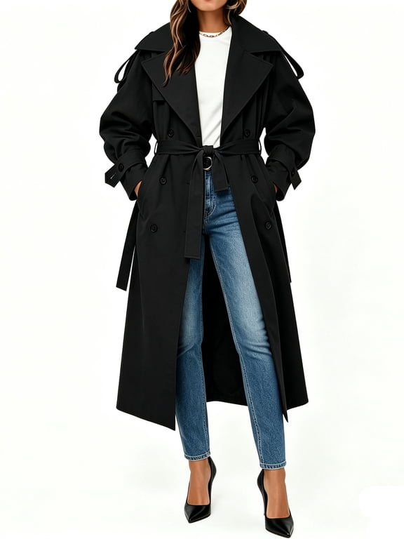 Womens Oversized Long Trench Coat Double Breasted Lapel Windproof Overcoat with Belt