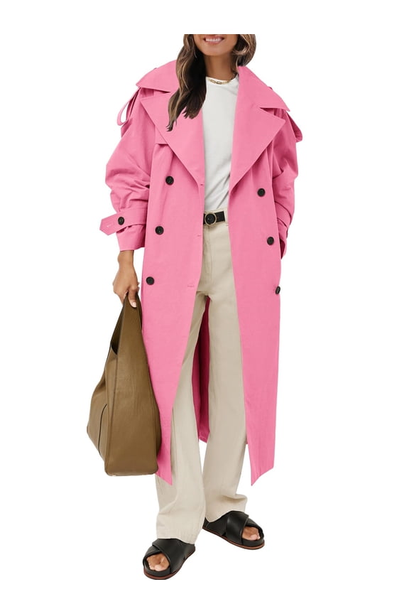 Womens Oversized Long Trench Coat Double Breasted Lapel Windproof Overcoat with Belt