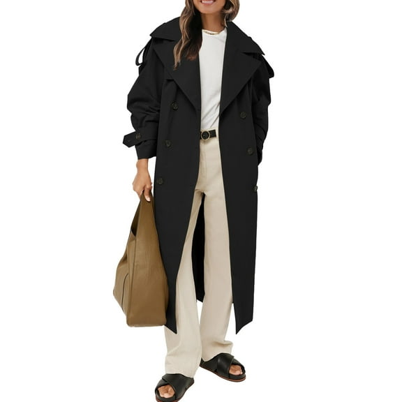 Womens Oversized Long Trench Coat Double Breasted Lapel Windproof Overcoat with Belt