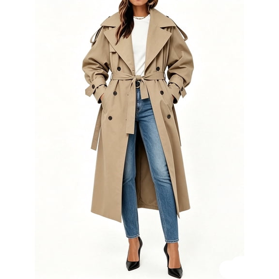 Womens Oversized Long Trench Coat Double Breasted Lapel Windproof Overcoat with Belt