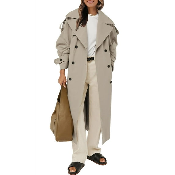 Womens Oversized Long Trench Coat Double Breasted Lapel Windproof Overcoat with Belt