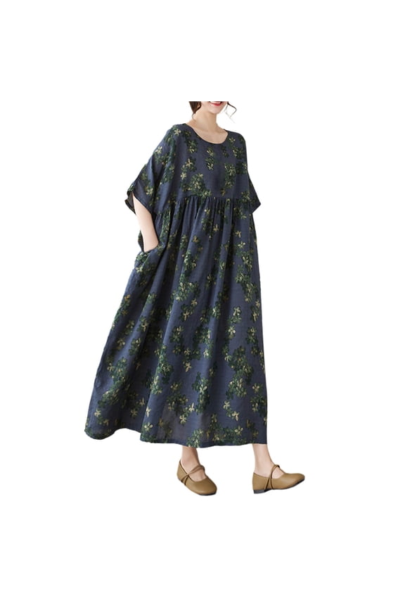 Womens Oversized Loose Dresses 1/2 Sleeve Retro Floral Maxi Dresses Maternity Cotton Pleated Casual Dresses Blue, Free Size