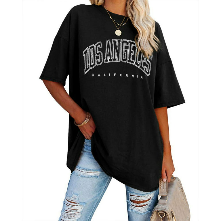 Maqiya Womens Oversized Los Angeles California Graphic T Shirts Half Sleeve Summer Loose Casual Tees Tunic Tops, Women's, Size: Large, Black