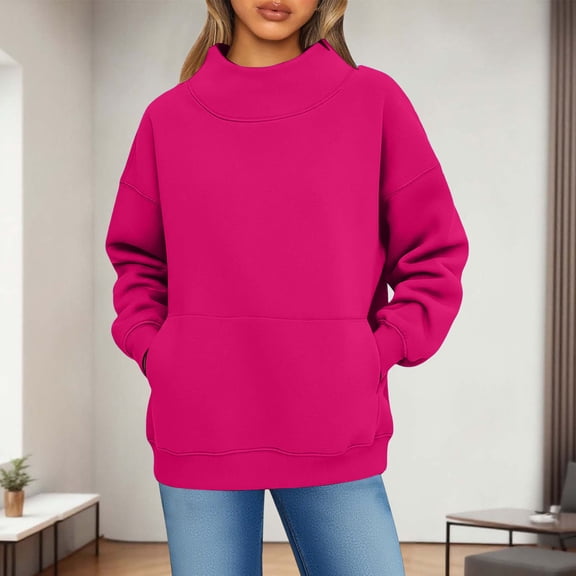 Womens Oversized Mock Neck Sweatshirts,Long Sleeve Pullover Plus Size Thick Tops,2025 Casual Fall Winter Outfits With Pockets Hot Pink S