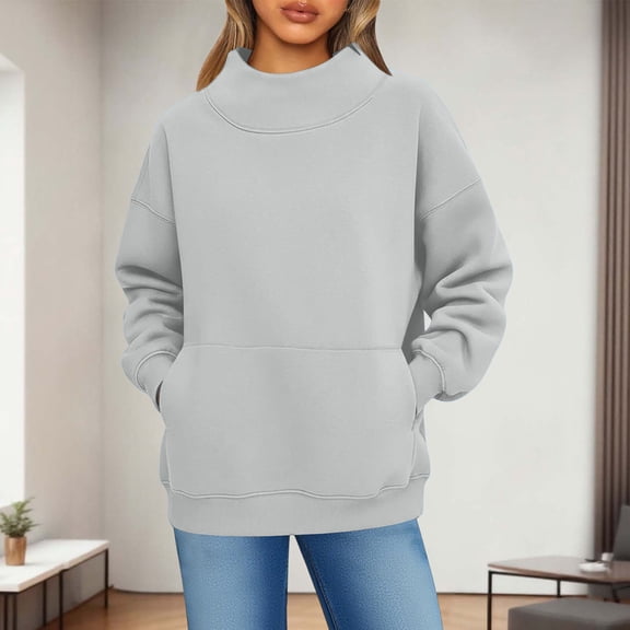 Womens Oversized Mock Neck Sweatshirts,Long Sleeve Pullover Plus Size Thick Tops,2025 Casual Fall Winter Outfits With Pockets Light Gray S