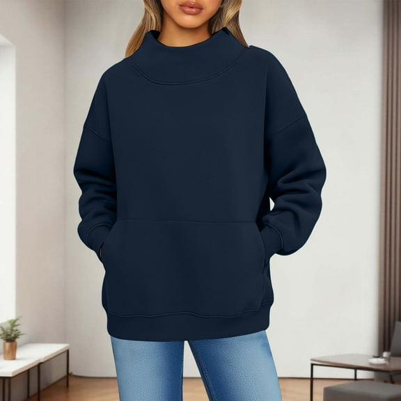 Womens Oversized Mock Neck Sweatshirts,Long Sleeve Pullover Plus Size Thick Tops,2025 Casual Fall Winter Outfits With Pockets Navy M