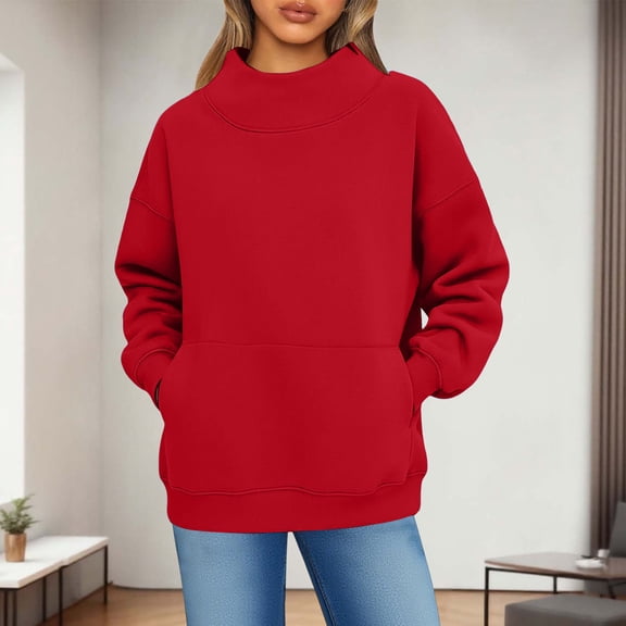 Womens Oversized Mock Neck Sweatshirts,Long Sleeve Pullover Plus Size Thick Tops,2025 Casual Fall Winter Outfits With Pockets Red M