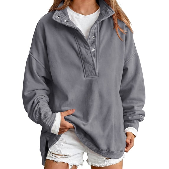 Womens Oversized Mock Neck Sweatshirts Quilted Placket Button Collar Sweatshirt Casual Long Sleeve Tops Pullover Tops Henley Y2k Collar Comfort Soft Sweaters,Gray,L