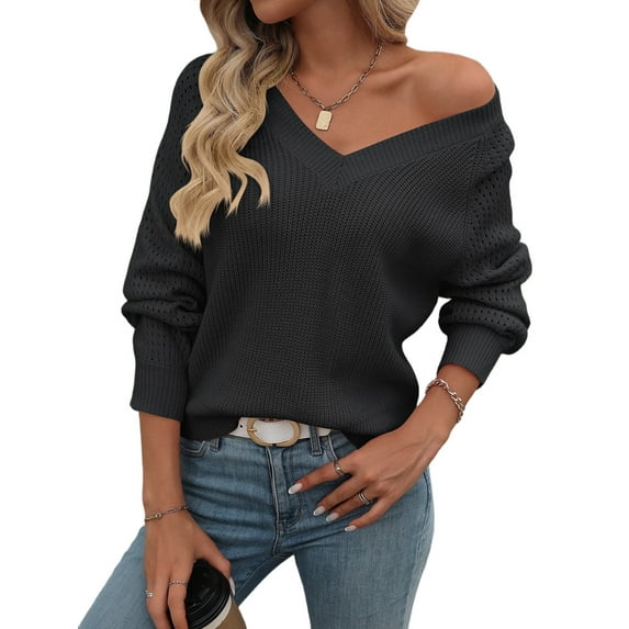 Womens Oversized Off the Shoulder Tops Long Sleeve Waffle Knit Shirt Drop Shoulder Sweater Top Black L