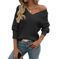 thumbnail image 1 of Womens Oversized Off the Shoulder Tops Long Sleeve Waffle Knit Shirt Drop Shoulder Sweater Top Black XL, 1 of 6