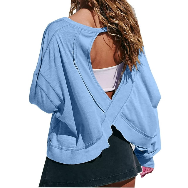 Womens Oversized Open Back Sweatshirts Long Sleeve Backless Shirts Cropped Off The Shoulder Crew Neck Workout Tops