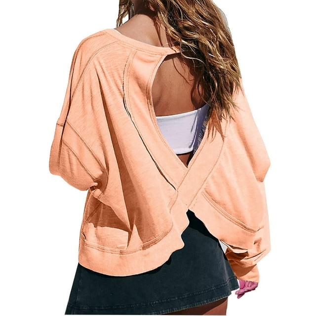 Womens Oversized Open Back Sweatshirts Long Sleeve Backless Shirts Cropped Off The Shoulder Crew Neck Workout Tops