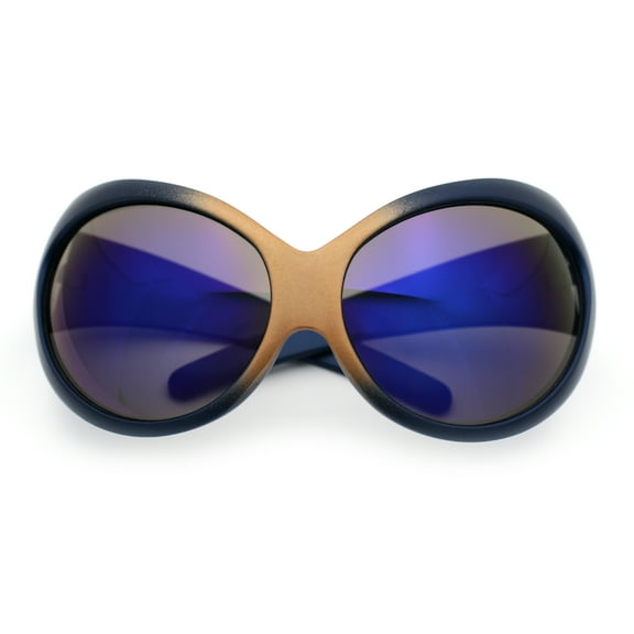 Womens Oversized Oval Wrap Around High Temple Goggle Plastic Sport Sunglasses Gold Navy - Blue Mirror