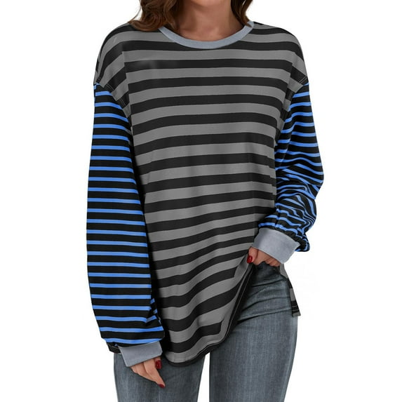 Womens Oversized Patchwork Sweatshirt Long Sleeve Striped Color Block Top Casual Loose Crew Neck Pullover Shirt (Black L)