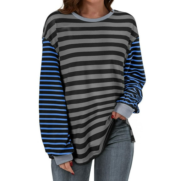 Womens Oversized Patchwork Sweatshirt Long Sleeve Striped Color Block Top Casual Loose Crew Neck Pullover Shirt (Black L)