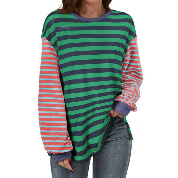 Womens Oversized Patchwork Sweatshirt Long Sleeve Striped Color Block Top Casual Loose Crew Neck Pullover Shirt (Green L)
