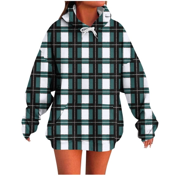 Womens Oversized Plaid Hoodies with Drawstring Long Sleeve Casual Pullover Sweatshirt Pocketed Fall Winter Tops (S, Green)