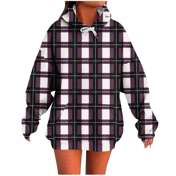 Womens Oversized Plaid Hoodies with Drawstring Long Sleeve Casual Pullover Sweatshirt Pocketed Fall Winter Tops (S, Purple 01)