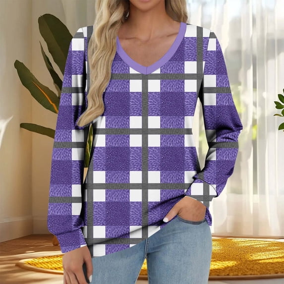 Womens Oversized Plaid Shirt V Neck Flannel Long Sleeve Pullover Tops Comfy Casual Winter Outfits with Pockets