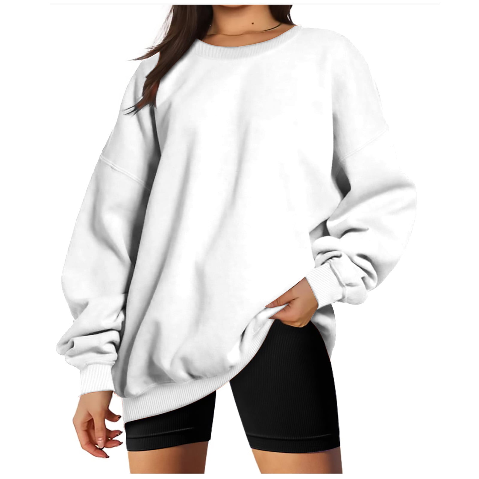 Womens Oversized Plain Sweatshirts Fleece Lined Crew Neck Pullover Sweaters  Casual Comfy Fall Fashion Clothes 2023 (Large, White)
